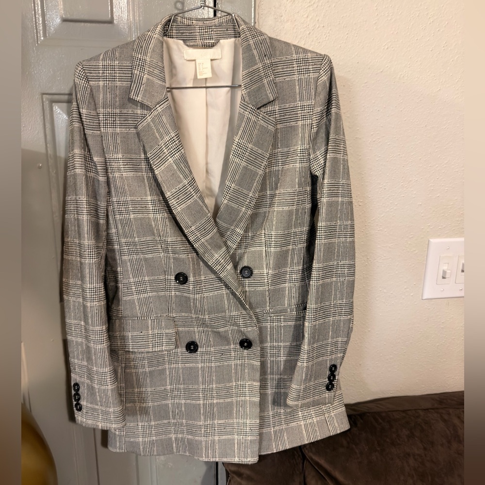 H&M Gray Plaid Double-Breasted Blazer - Picture 2 of 9